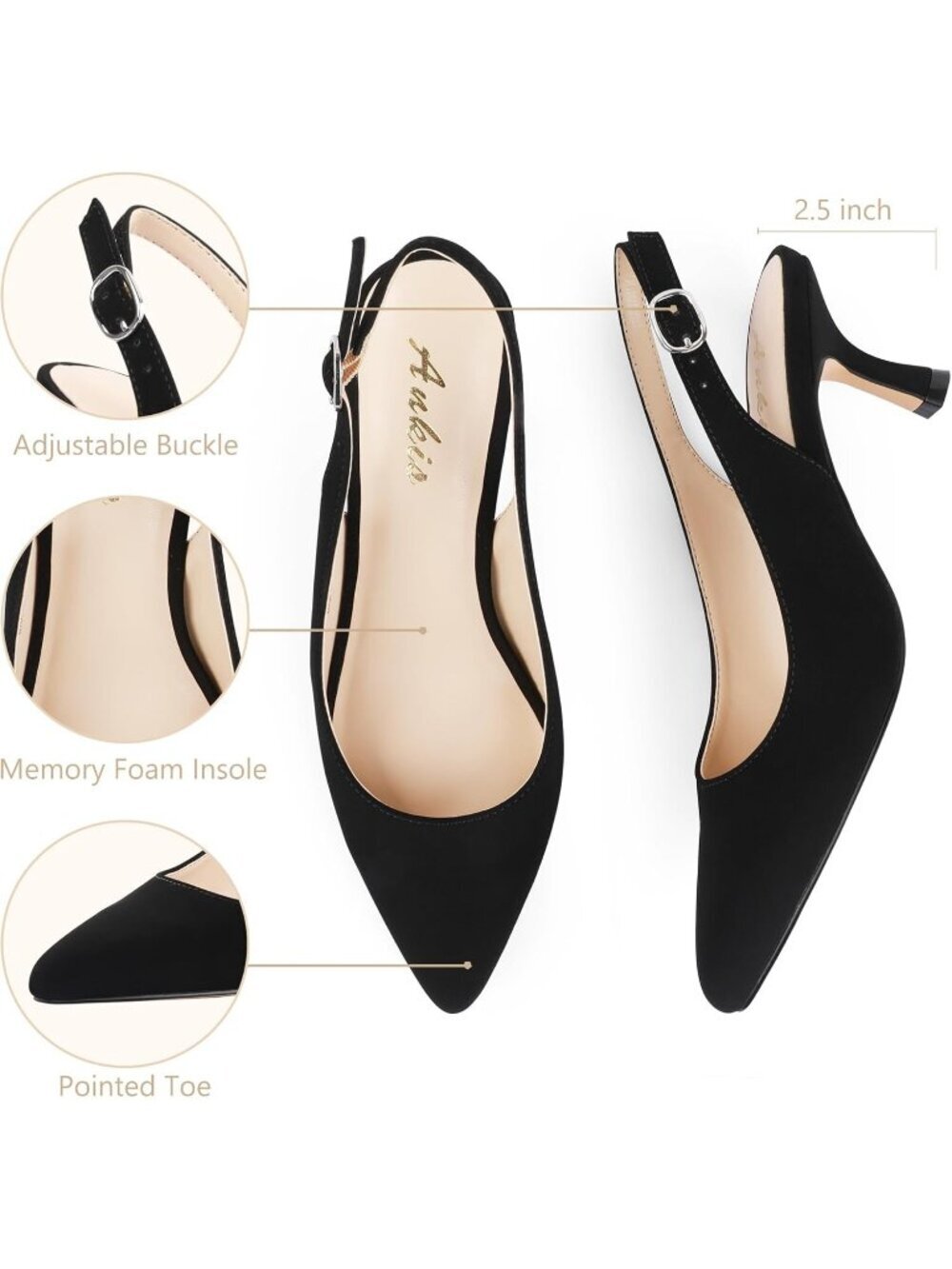 Women's Slingback Kitten Heels Pointed Toe Low Heel Black Nu Pumps Dress Shoes - Picture 4 of 6